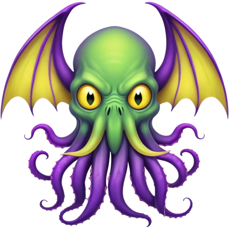 light green Cthulhu with purple bat wings and purple gradient tentacles. Yellow angry eyes. yellow suckers on tentacles. dramatic ominous shading emoji