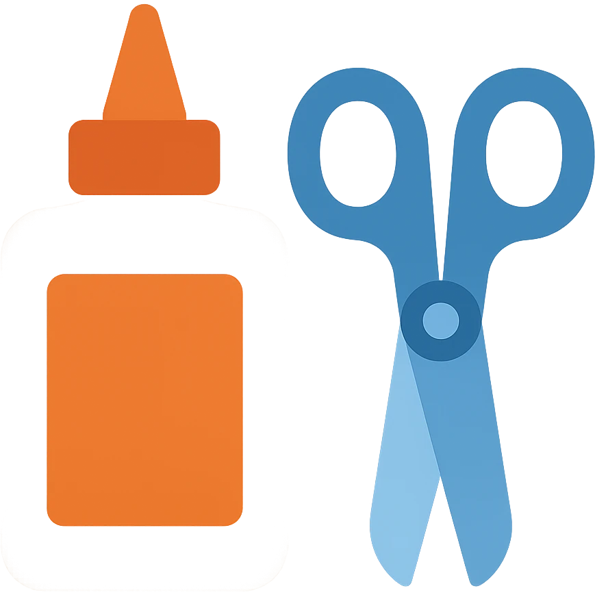 bottle of glue with orange label and tip and a pair of blue scissors, flat toon vector illustration emoji