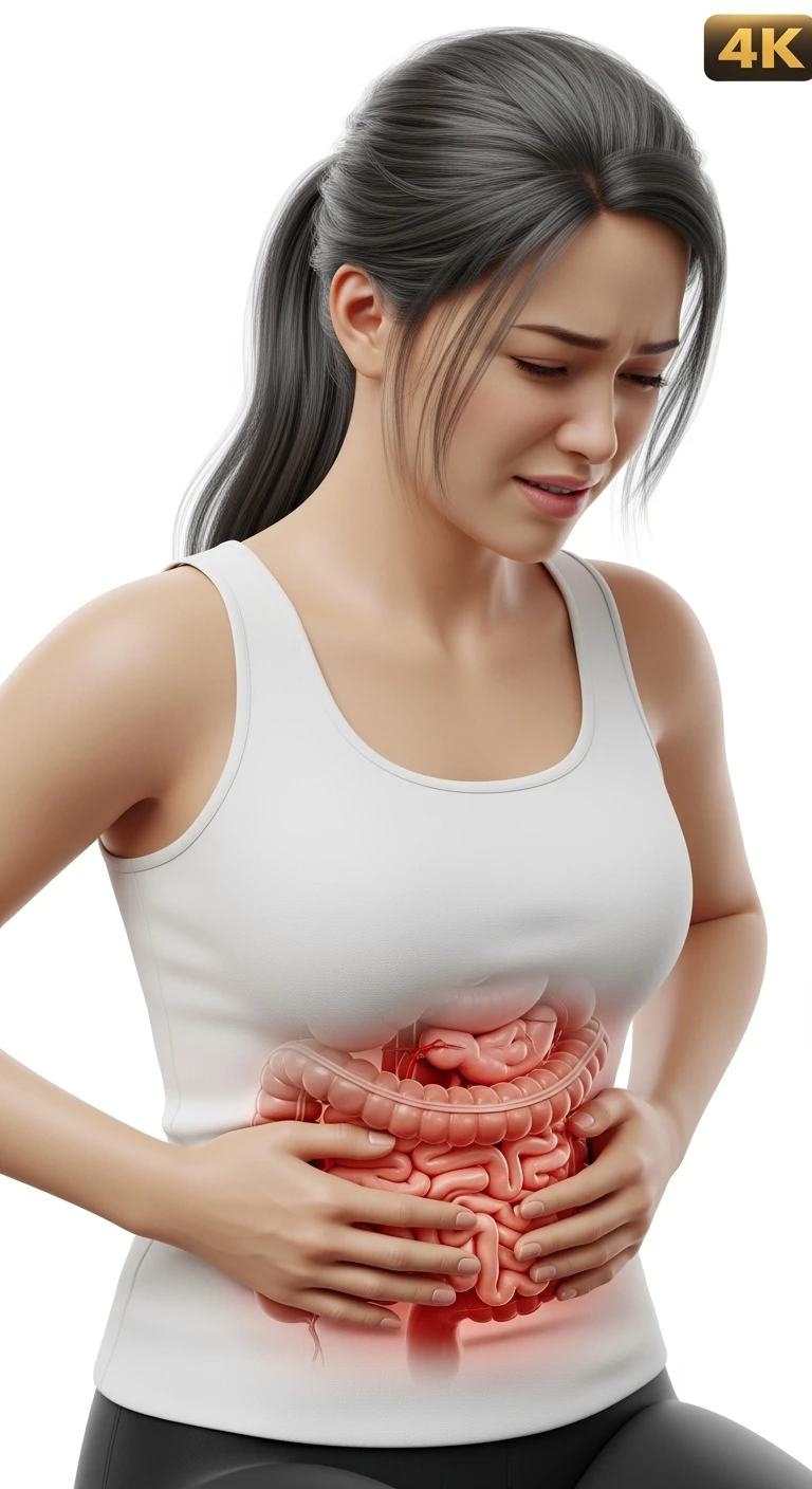 donna con intestino realistico e mal di pancia, iperrealistico 4k, isolata su sfondo bianco emoji