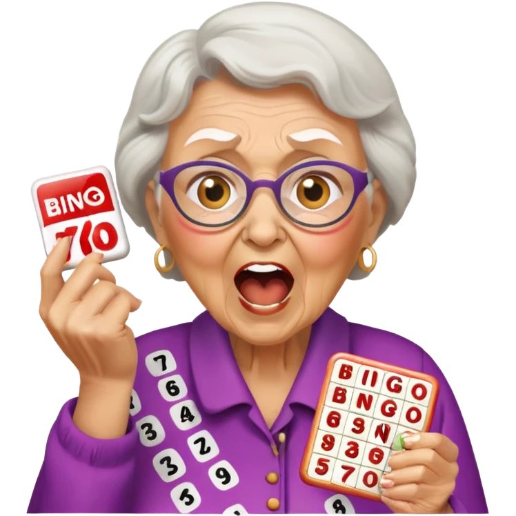 Grandma yelling BINGO holding bingo card emoji