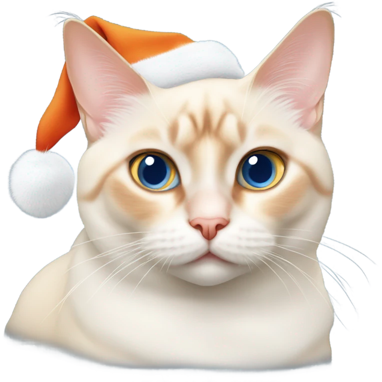 chubby flame point Siamese, white fur with orange accents and blue eyes wearing a red christmas hat  emoji