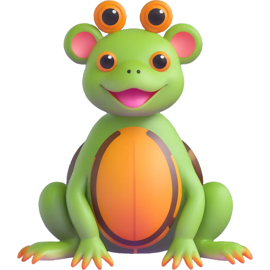 animal with a tortoise shell, frog eyes, floppy dog ears, playful pose emoji