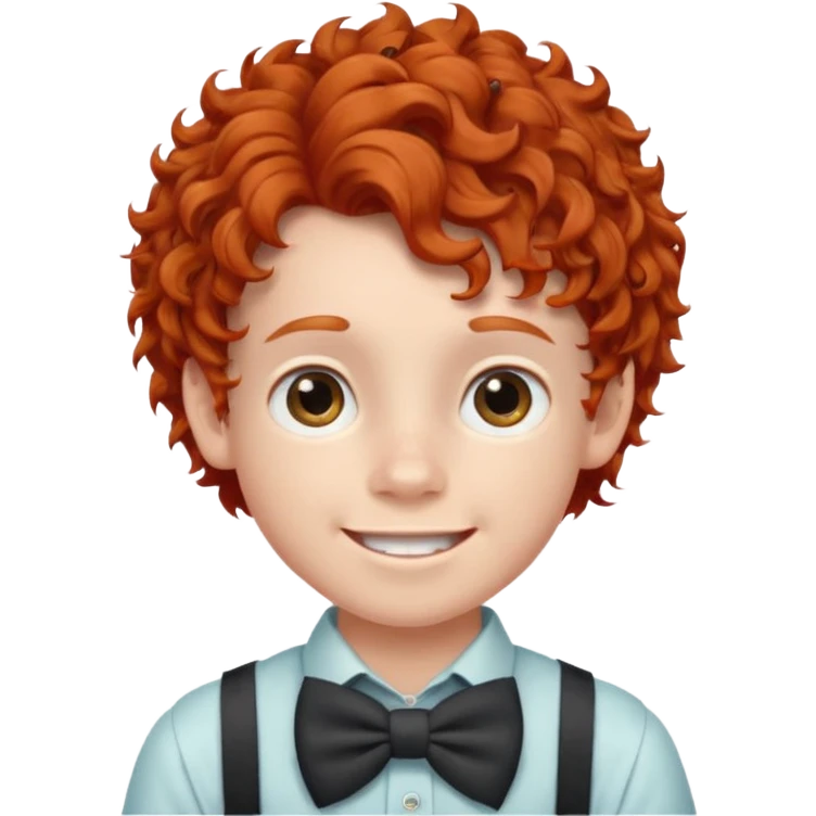 redhead kid with unique face features and very curly hair kid boy happy and braces on teeth, wearing a bow on head emoji
