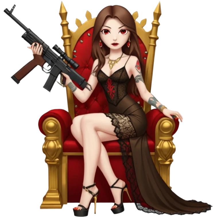 Lilith female red eyes symbol. Tattoo arms. Her hair is brown straight long hair.wearing sexy long  lace dress with slit. black stiletto platform high heels shoes on. Sitting on gold throne with rubies sniper rifle in one hand cash in other hand emoji