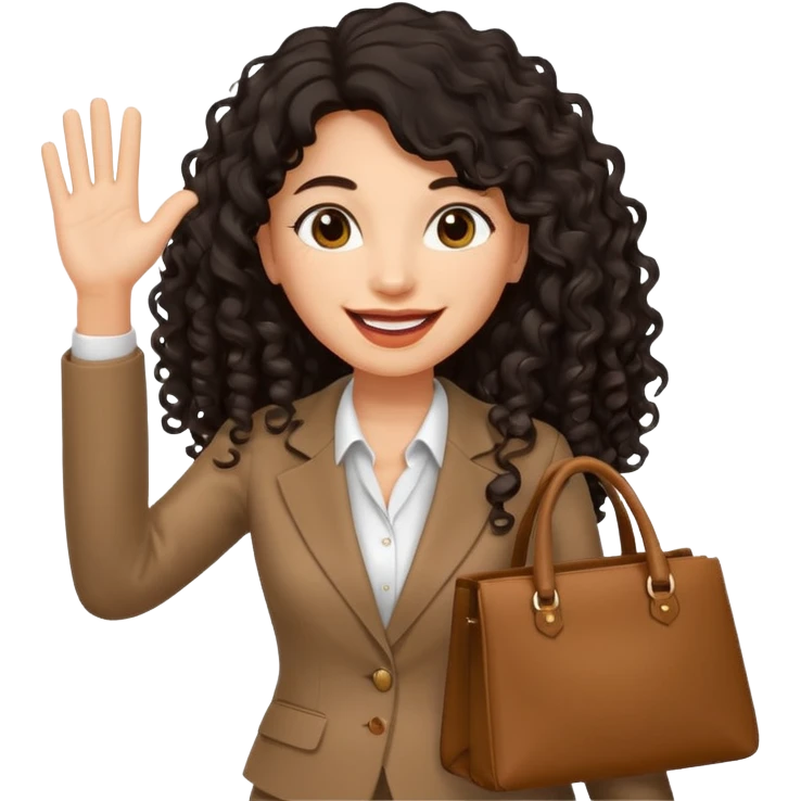 medium deep tan brown business woman with long black curly hair, waving hand with happy face with smile mouth and carrying bag on her shoulder emoji