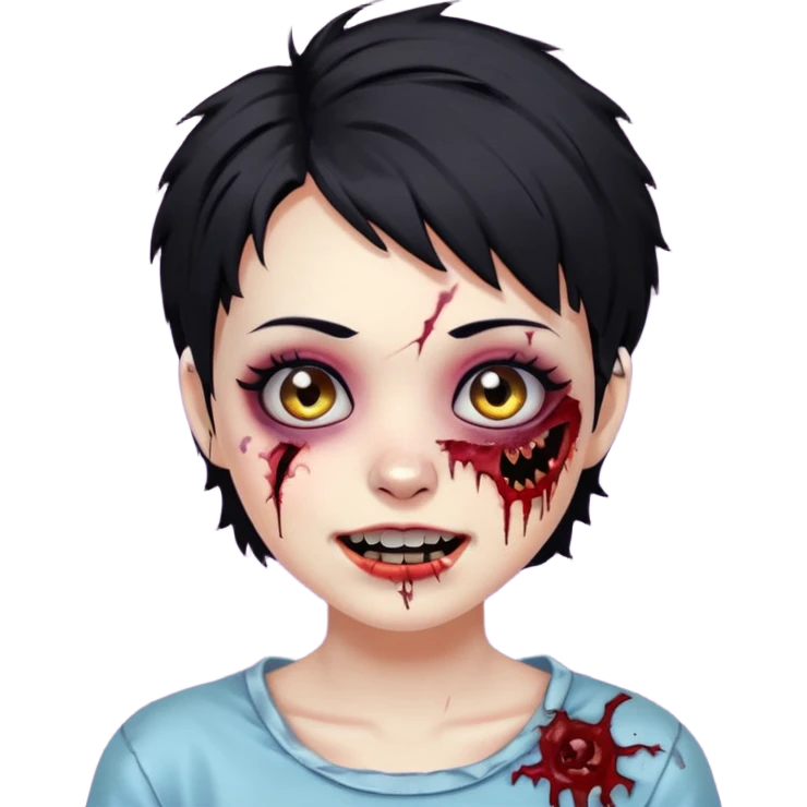 Zombie girl with messy black short hair with lashes and torn cheek and smiling face emoji