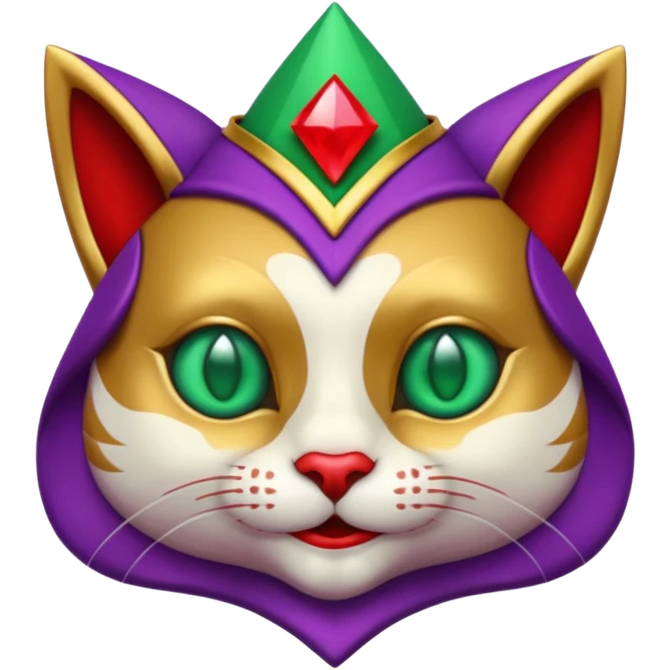 crazy colorful cute little cat jolly joker from poker, medieval, vintage, court jester, mac os icon, purple, gold and red color, half body, emerald green ice eyes. Squared shape as 3D mac os icon, symmetrical emoji