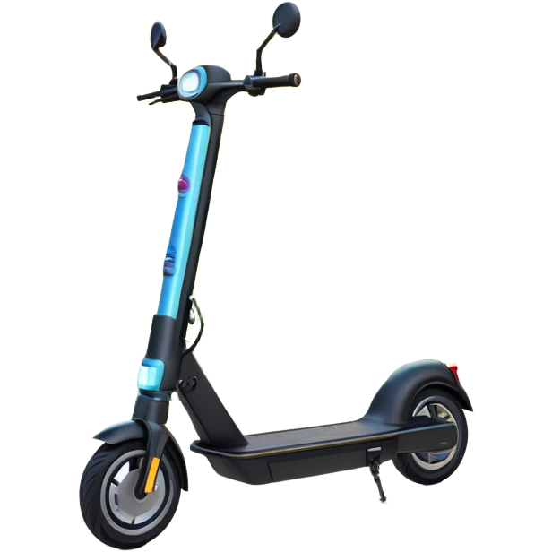 An icon featuring a sleek electric scooter parked on a scenic path. The background showcases a vibrant city park with green trees, flowers, and a clear blue sky. The sun sets in the distance, casting a warm golden glow on the landscape. Transparent background highlights the modern design of the scooter emoji