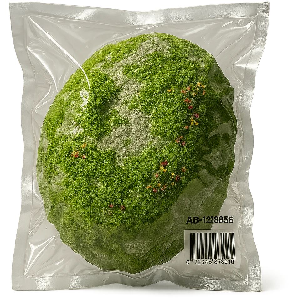 light gray rock covered with green moss and tiny multicolored flowers, shiny and inflated emoji