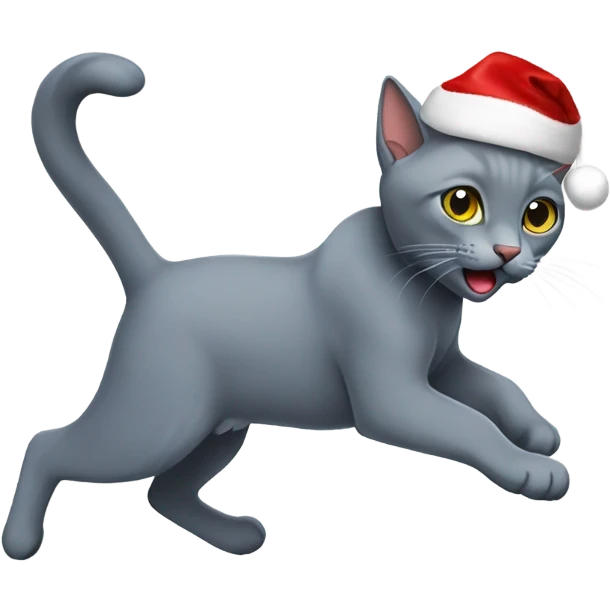 Running Russian blue cat wearing a Santa hat  emoji