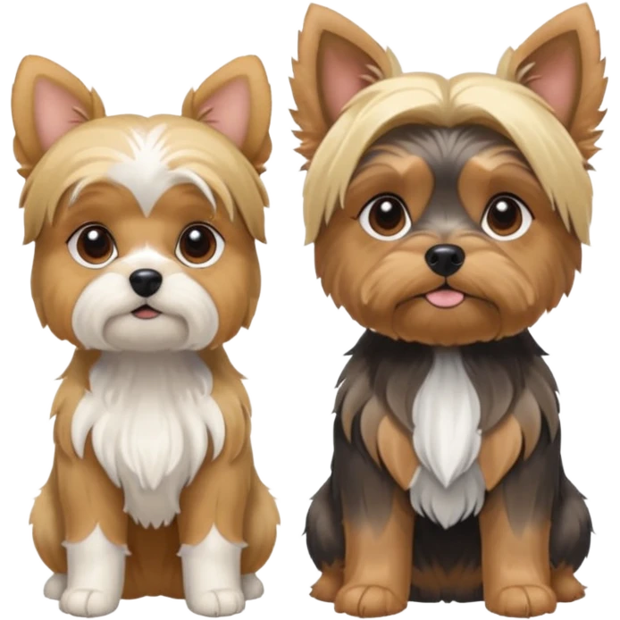 Generate a blue and tan purebred yorkie with a blonde shi tzu yorkie mix with floppy ears sitting next to each other. Make them the same soze emoji