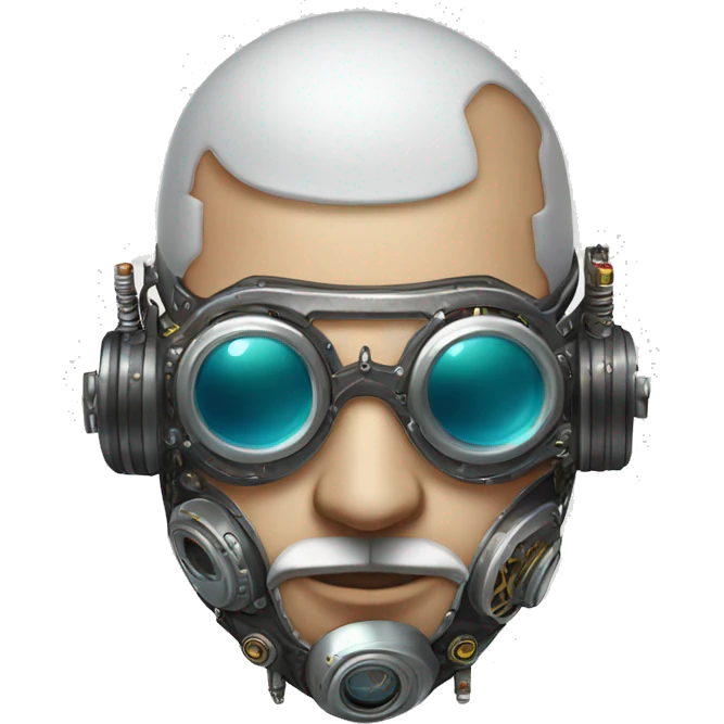 Bald cyborg head with silver steampunk goggles, white beard and circuits emoji