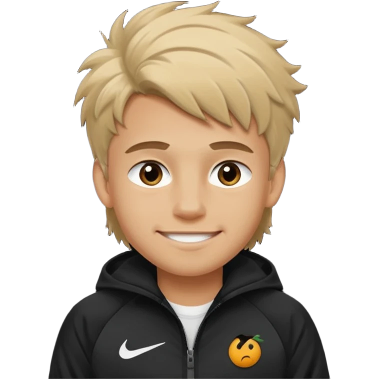 make a boy with fluffy dirty blond hair hazel eyes tan white smirky smile and nike tech emoji