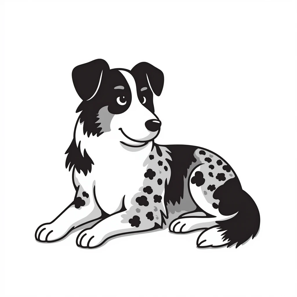 Merle Australian Shepherd dog laying down, relaxed pose, blue merle coat pattern with black and white spots emoji