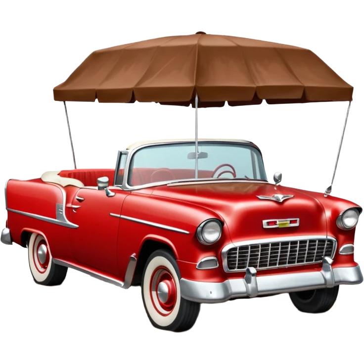 1955 Chevrolet Bel Air Convertible (Red-White color). The doors, bumper, hood and wheels are covered in sticky brown mud, which is clearly visible. Brown liquid mud is pouring out of the bucket from above. Aspect ratio: 1:1 emoji