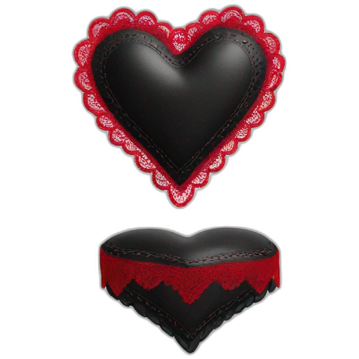 black leather heart shaped cushion with red lace border emoji