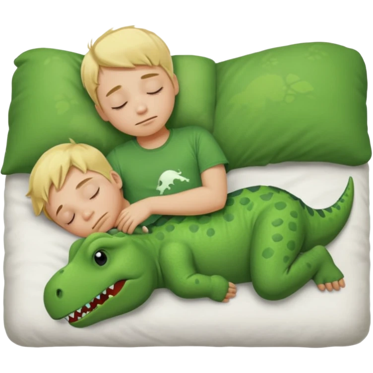 Blond boy sleeping wearing green dinosaur t-shirt emoji