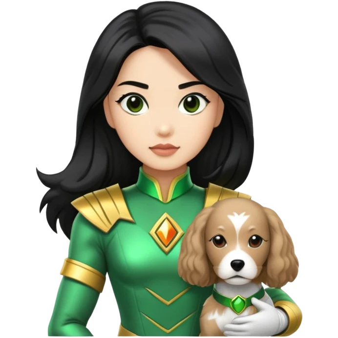 female green power ranger with wasian features, long black hair, and a fully light brown cockapoo dog at her side emoji