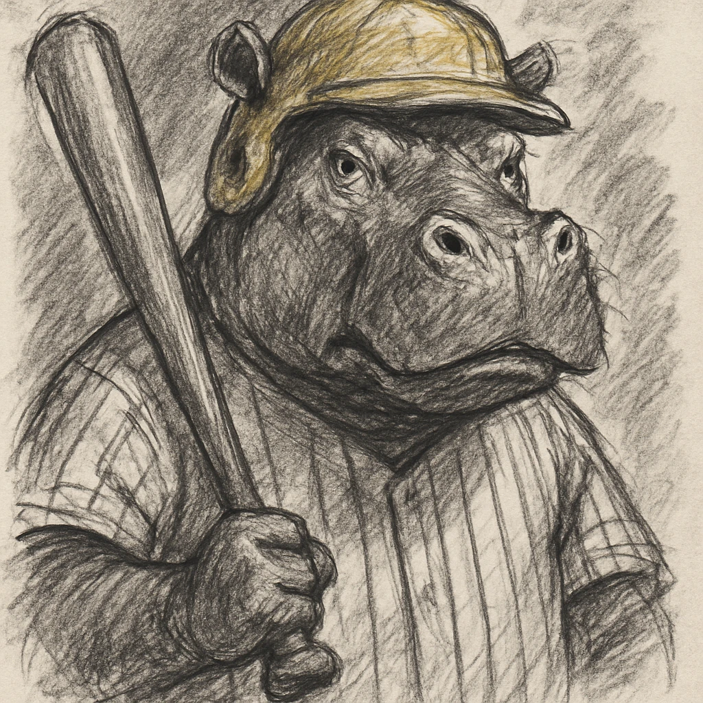 hippo holding a baseball bat, wearing a yellow helmet, pinstripes outfit emoji