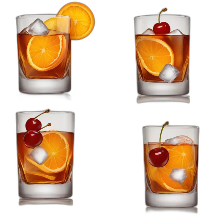 Short old fashioned glass, whiskey cocktail cherry, ice cubes, orange peel twist emoji