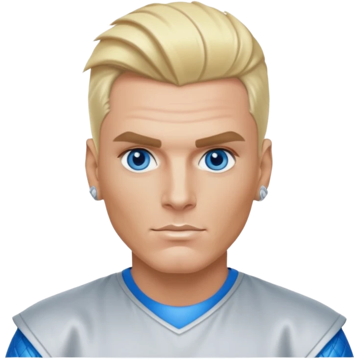 Vanilla Ice with blue eyes, blonde hair, silver outfit emoji