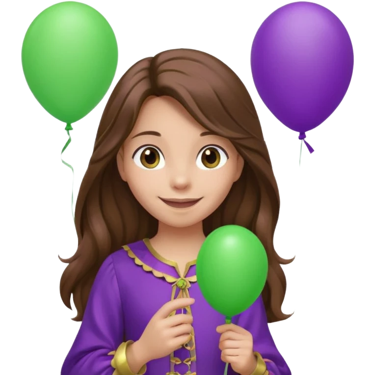 girl with long brown hair and purple costumes, holding green balloon emoji
