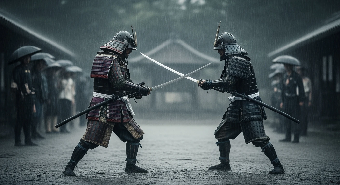 A cinematic scane from 1185, Motion blur, Wide shot of a two japan samurai face to face ready to fight during rain, deph composition, tense atmosphere, captured by by arri alexa, film directed by wes anderson emoji