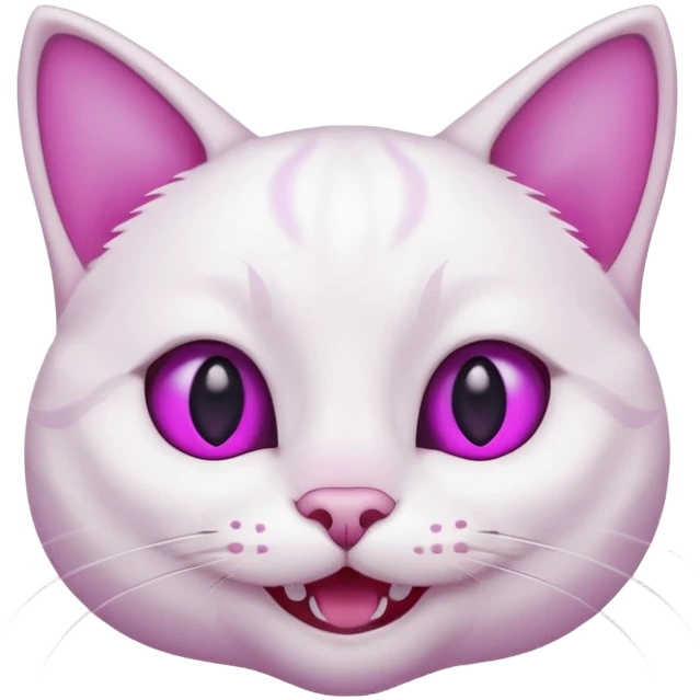 White cat happy smiling with teeth showing, light pink inner ears, magenta purple eyes, looks like discord's :smiley_cat: emoji emoji