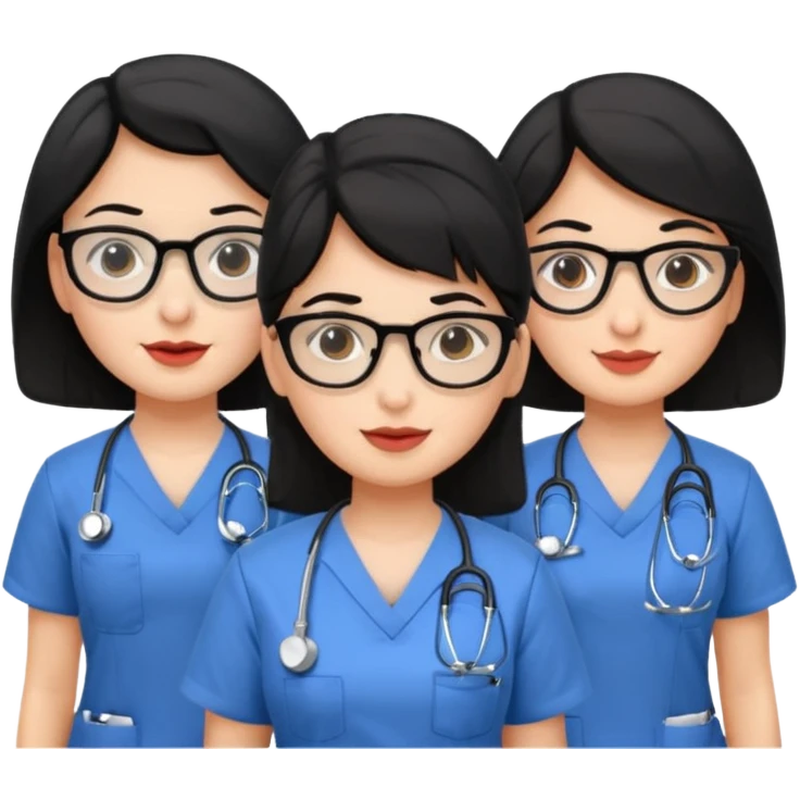Genera un emogis con cuatro enfermeras pelinegra juntas, entre ellas una con lentes y otra con lunar encima del labio emoji