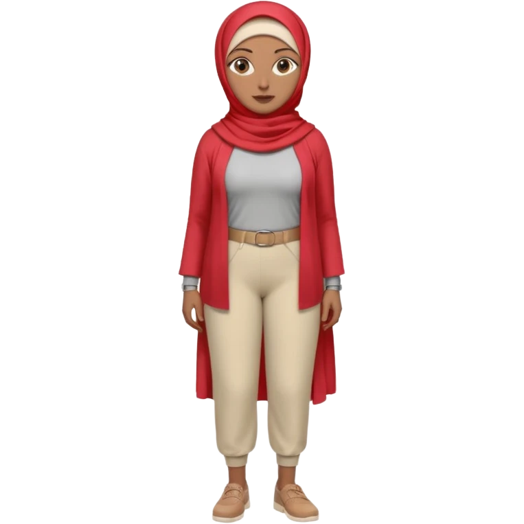 Heavy-set woman with medium-brown skin wearing a light red hijab, cream top, light red pants, tan shoes, and a grey prosthetic leg. Standing confidently with one hand on her hip emoji