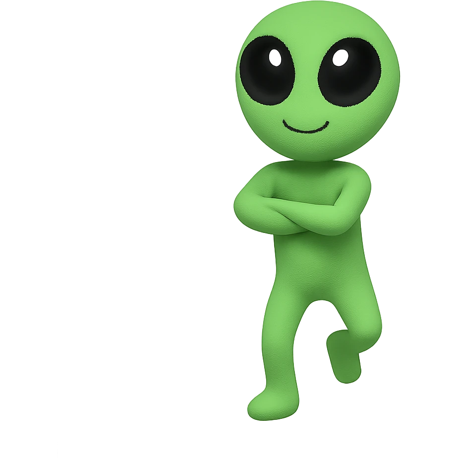 Edit the alien dancing neon green image to have crossed arms and a slightly changed pose for animation frame 1. Keep it almost identical to the reference with a transparent background. emoji