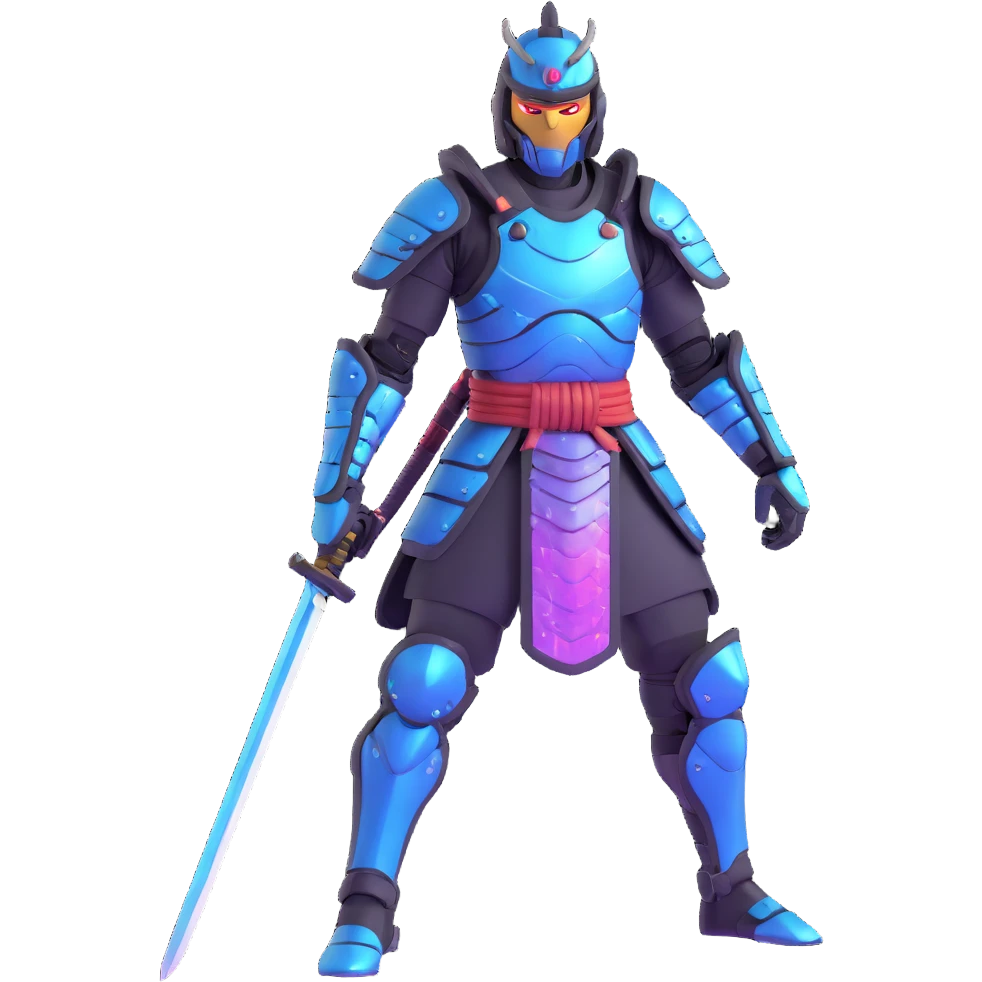 cyborg male samurai in neon cyberpunk environment with holographic armor emoji