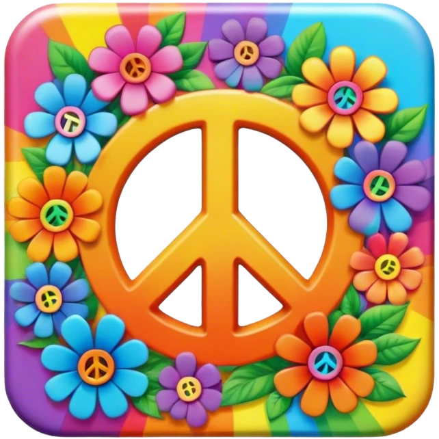 Beveled square shaped psychedelic colored button with rainbow colored hippie style 3D flowers and a peace sign in the center emoji