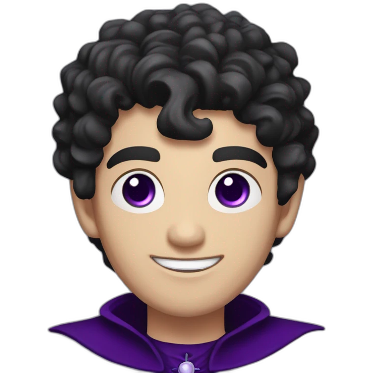 pale handsome flirty vampire priest with short curly black hair and violet eyes emoji