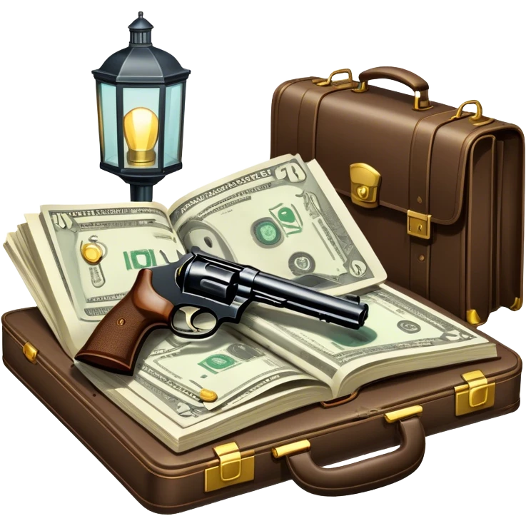 Icon for Action & Crime Reading: an open book with dramatic crime scenes—bullet holes on pages, a detective badge, a revolver, and a getaway car. Surrounding elements include a briefcase with cash and a flickering streetlight. Transparent background. emoji