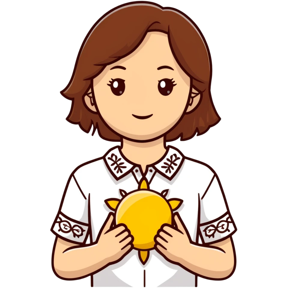 A young Ukrainian girl with brown hair wearing a traditional white embroidered shirt carefully holds a bright sun in her hands emoji
