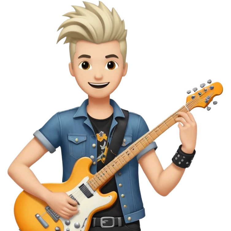 Rockstar musician with a confident smile looking up, electric guitar, cool hairstyle, rock and roll attitude emoji