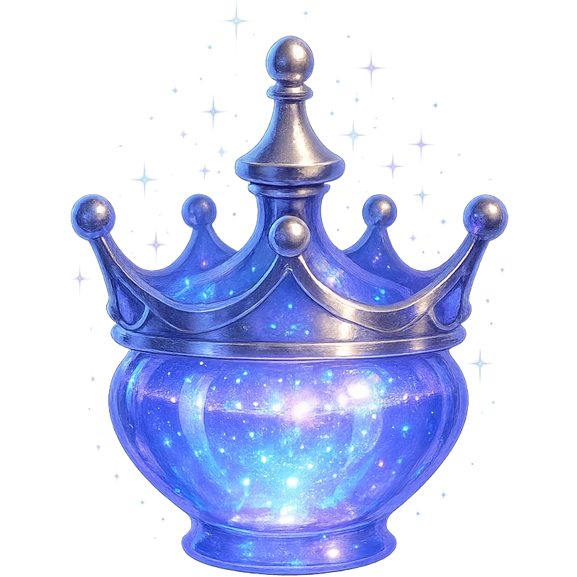 small crown-shaped luxurious elixir bottle, color #7986cb, iridescent and silver details, intense magical glowing and sparkling effects, very small neck, seamless bottom, transparent background, floating, no base or shadow, modern, matching a collection emoji