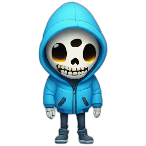 Sans the skeleton with blue glowing left eye wearing a blue winter jacket emoji