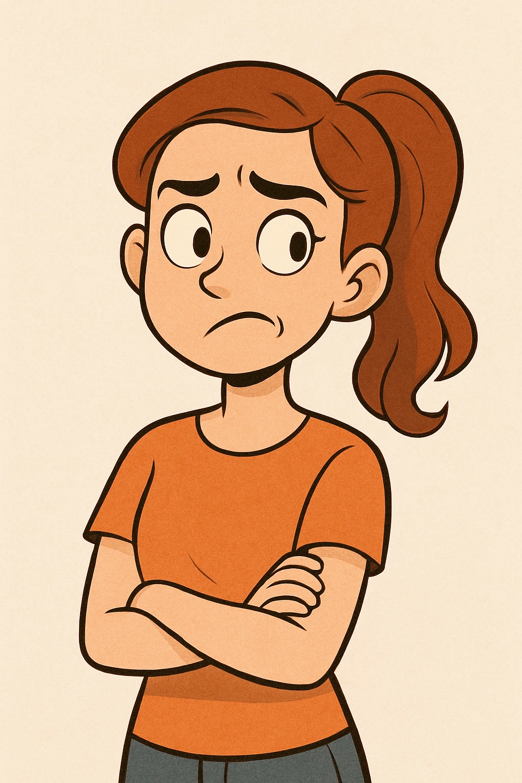 cartoon style young woman with raised eyebrows and twisted mouth expressing doubt, light background emoji