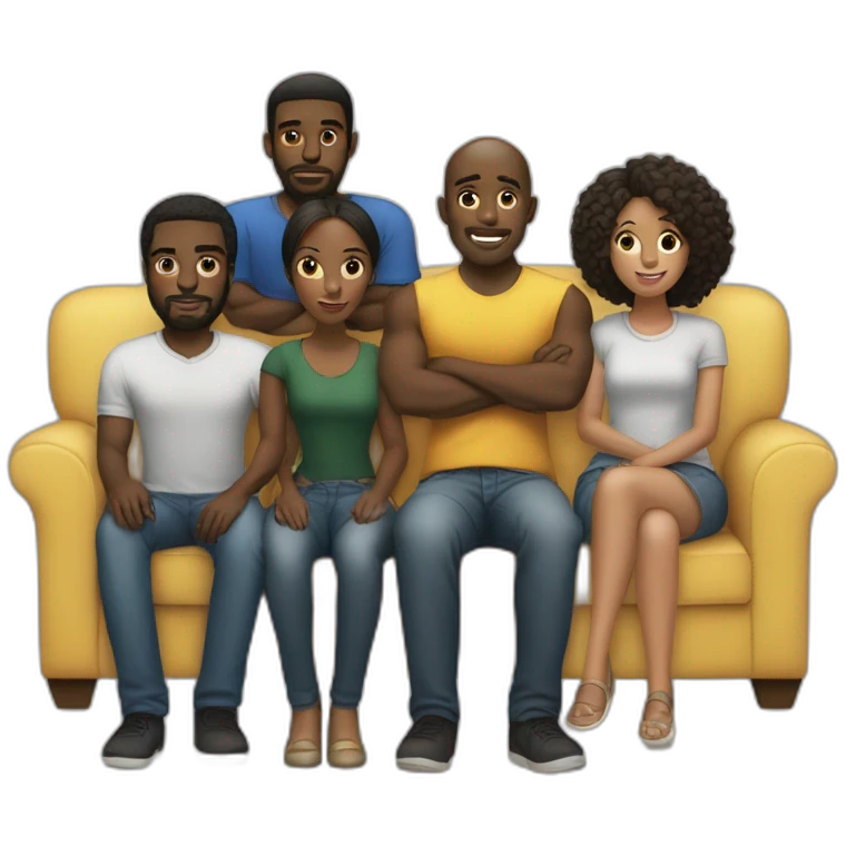 (five black men) standing around a light-skinned girl sitting on a sofa emoji