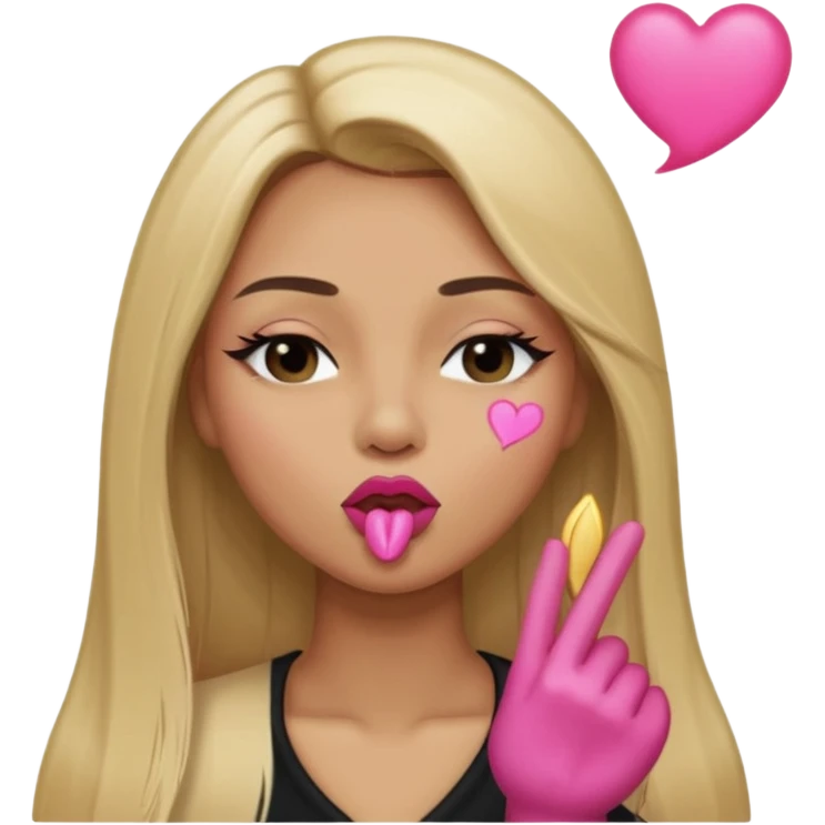 Mujer color de piel moreno claro, con cabello rubio largo, lacio y suelto, ojos negros, labios rosa, mandando un beso con un ojo cerrado  emoji