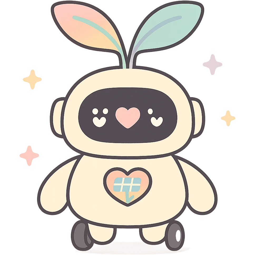 Plushy, rounded seedling robot with soft, plush-like forms. Its body resembles a young sprout with smooth lines. Large round sensor-display eyes that change expressions (❤️ for good harvest, ⚠️ for problems). Two movable leaf antennas on the head that move when working (one twitches when collecting data, both rise up when analysis is successful). On the chest — a stylized heart with solar panels that glows softly when charging. Short, slightly clumsy arms and legs like a baby robot. On the paws — suckers or tiny wheels to "roll" around the greenhouse. emoji