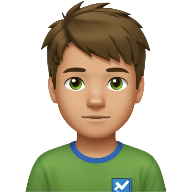 A 14 yerar old teenage boy, slightly tanned, wearing a green minecrcaft tshirt, blue jeans and green sneakers with brown tousled hair, smirking emoji