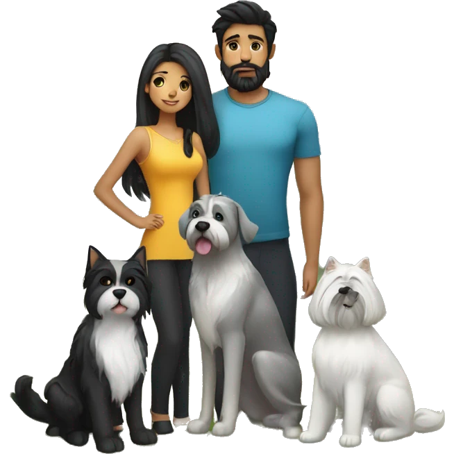 Family girl with black long hair, boy with black beard, british cat gold shinshilla and dog schnauzer  emoji