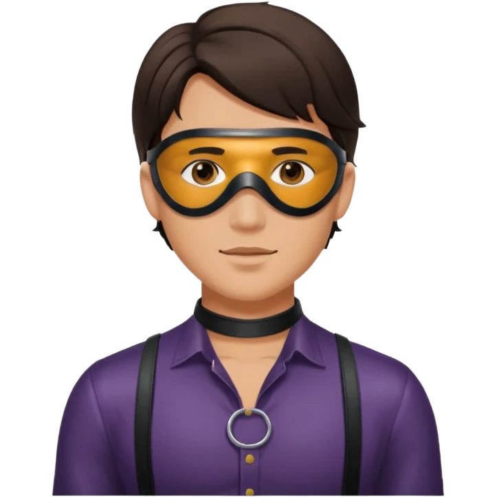 brunette young adult man with leather eye mask and leather halter neck blouse emoji