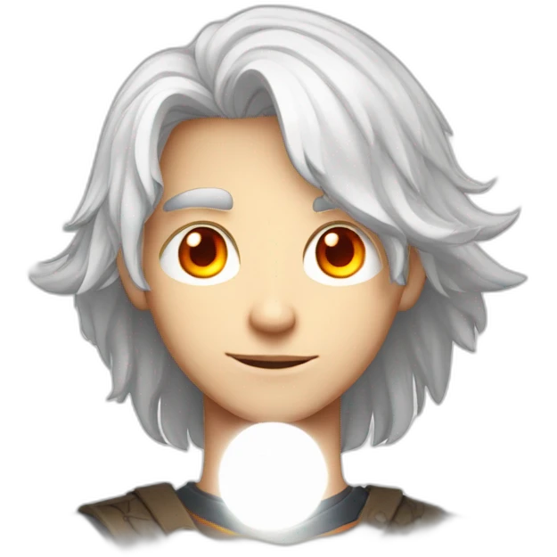 white haired boy with orange-red eyes, long hair, he has powers of the sun god, teeange boy, 15 years old emoji