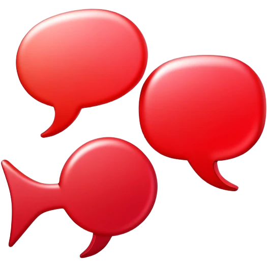 A minimalist 3D illustration of intersecting chat bubbles with a small play button, red gradient colors, clean lines, tech-inspired design emoji