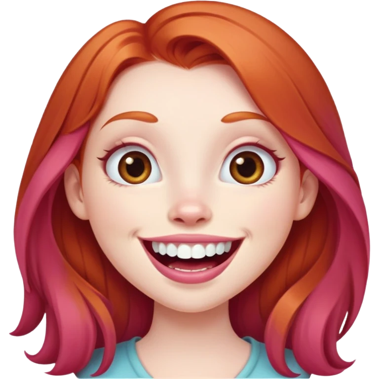 Young girl with pale skin, full pink lips smiling with big teeth, ginger red hair (very long), bigger nose, extra large brown eyes (very big eyes), big mouth emoji