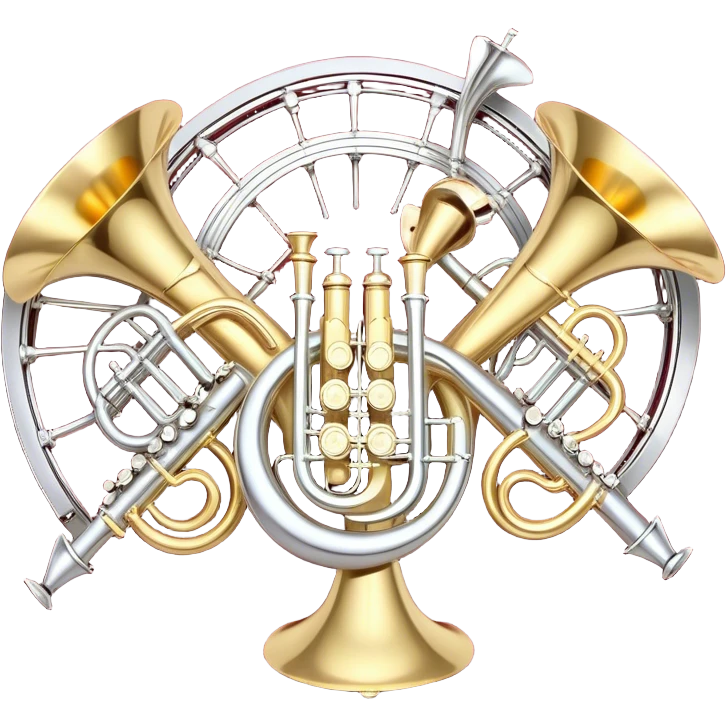 Create a festive and elegant emoji collage featuring a bouquet or fan of brass instrument bells (trumpets, saxophones, trombones, etc.) arranged in a radiant, symmetrical pattern. The instruments should have polished, golden and silver finishes, with their large, shiny bells forming a beautiful, fan-like display. Include a flowing ribbon of musical notes swirling through the center, conveying movement and melody. The background should feature a deep red velvet texture, adding a touch of luxury and sophistication. The overall composition should be balanced, with an elegant and regal feel, with a transparent background to keep focus on the instruments and musical elements. emoji